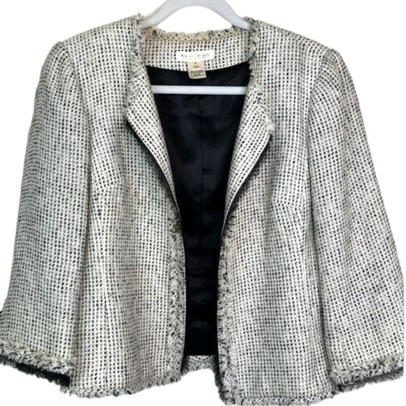 WHBM Tweed Fringe Jacket Black White 3/4 Sleeves Sz 12 - Picture 1 of 17